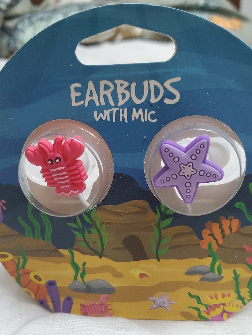 Pink and Purple Earbuds with Mic - Starfish & Lobster Design